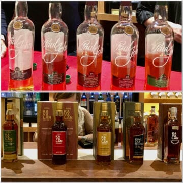 Collage of Paul John & Kavalan lineup in bottles on a counter.