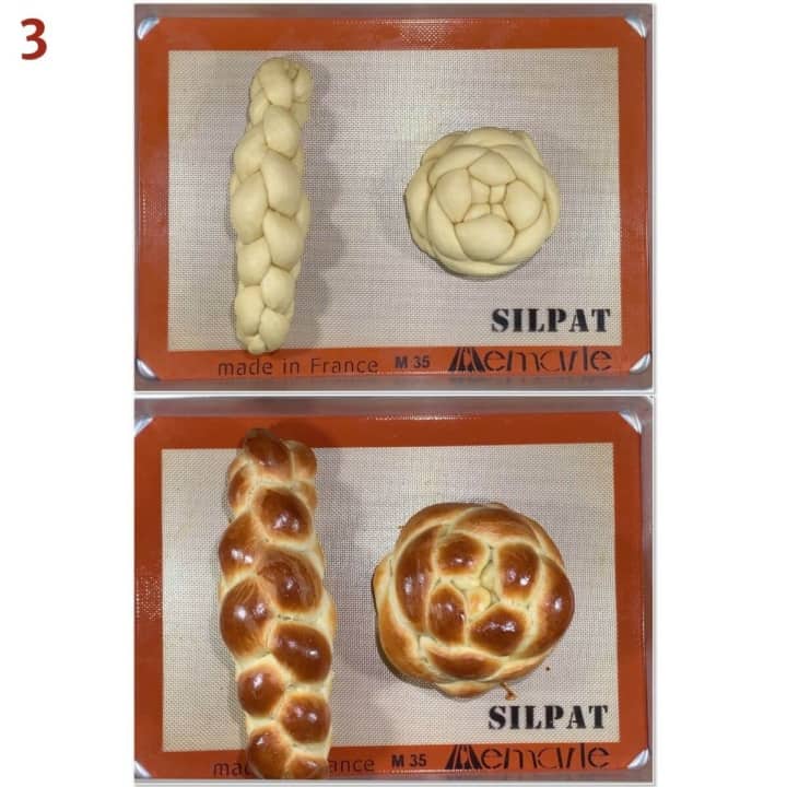 Collage of an oblong and round challah on a baking sheet before and after baking.