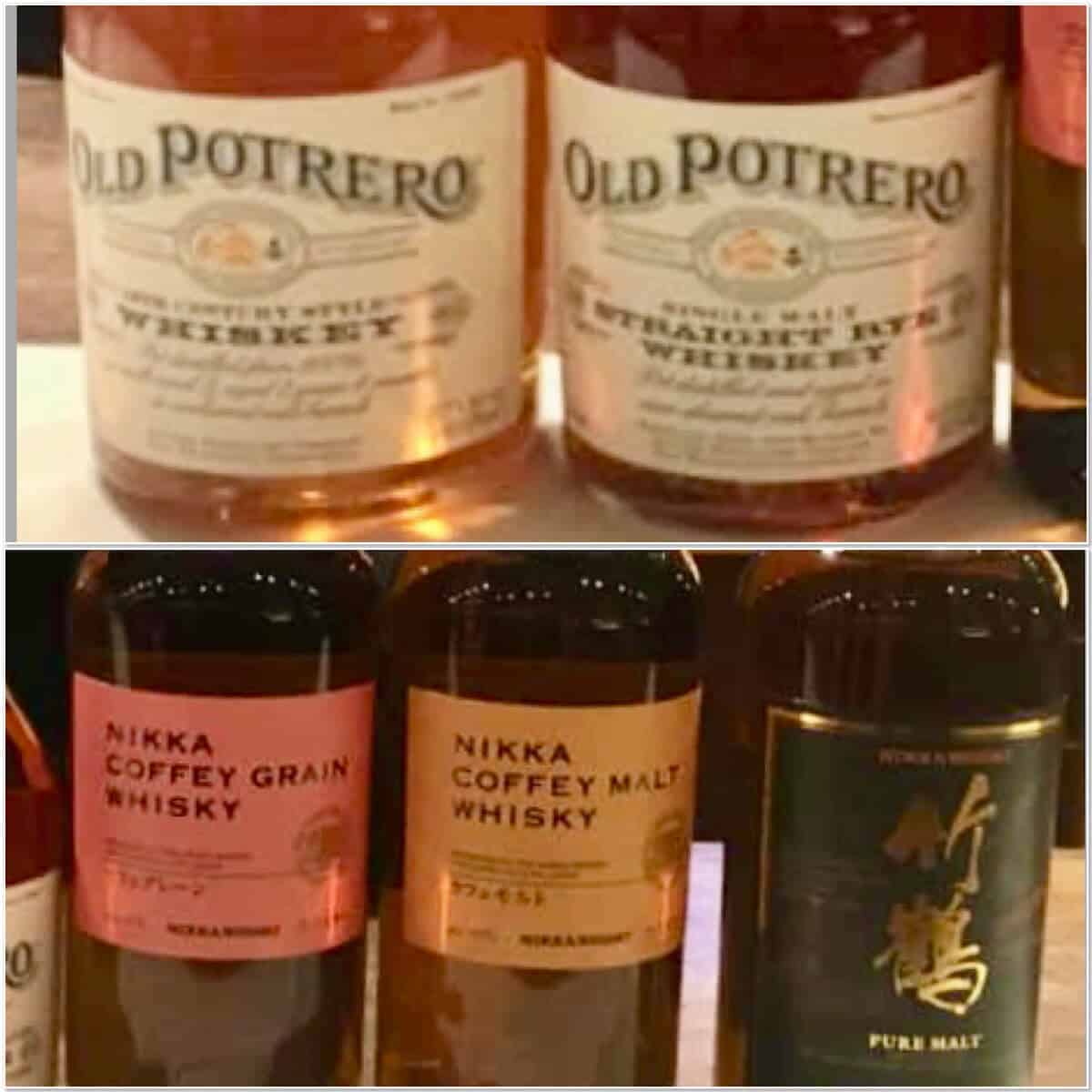 Collage of Nikka Japanese whisky & Old Potrero Rye whiskey bottle labels.