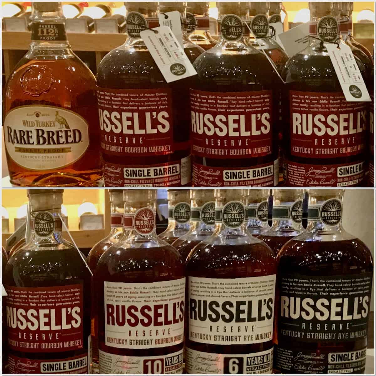 Collage of Wild Turkey & Russell’s Reserve lineup in bottles on a counter.