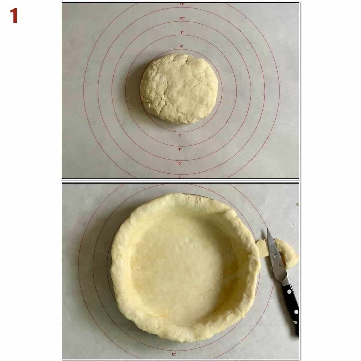 Collage of pie dough before rolling out and in a pie pan.