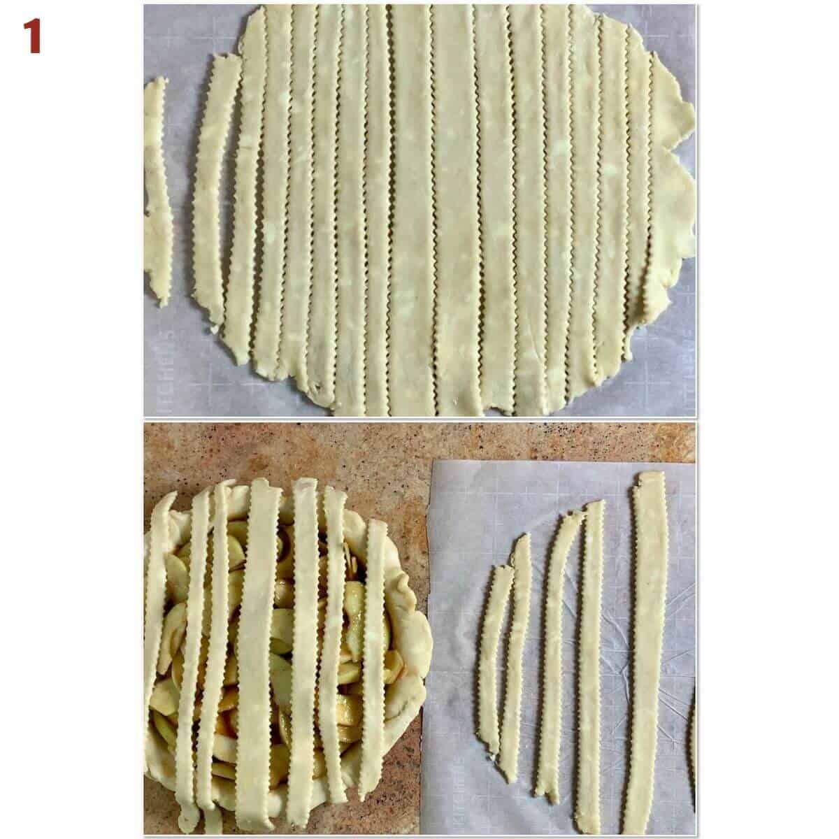 Collage of cutting dough strips and laying them on an apple pie.