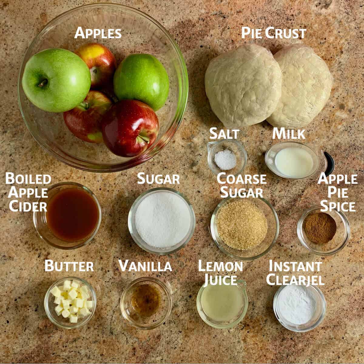 Apple Pie ingredients portioned in glass bowls from overhead.