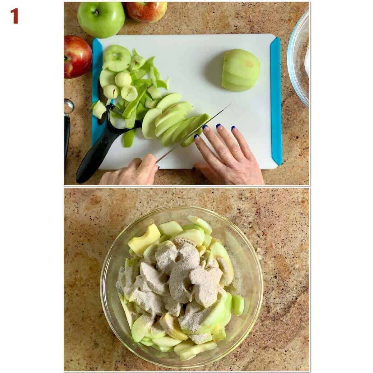 Collage of slicing apples on a cutting board and in glass bowl sprinkled with spices.
