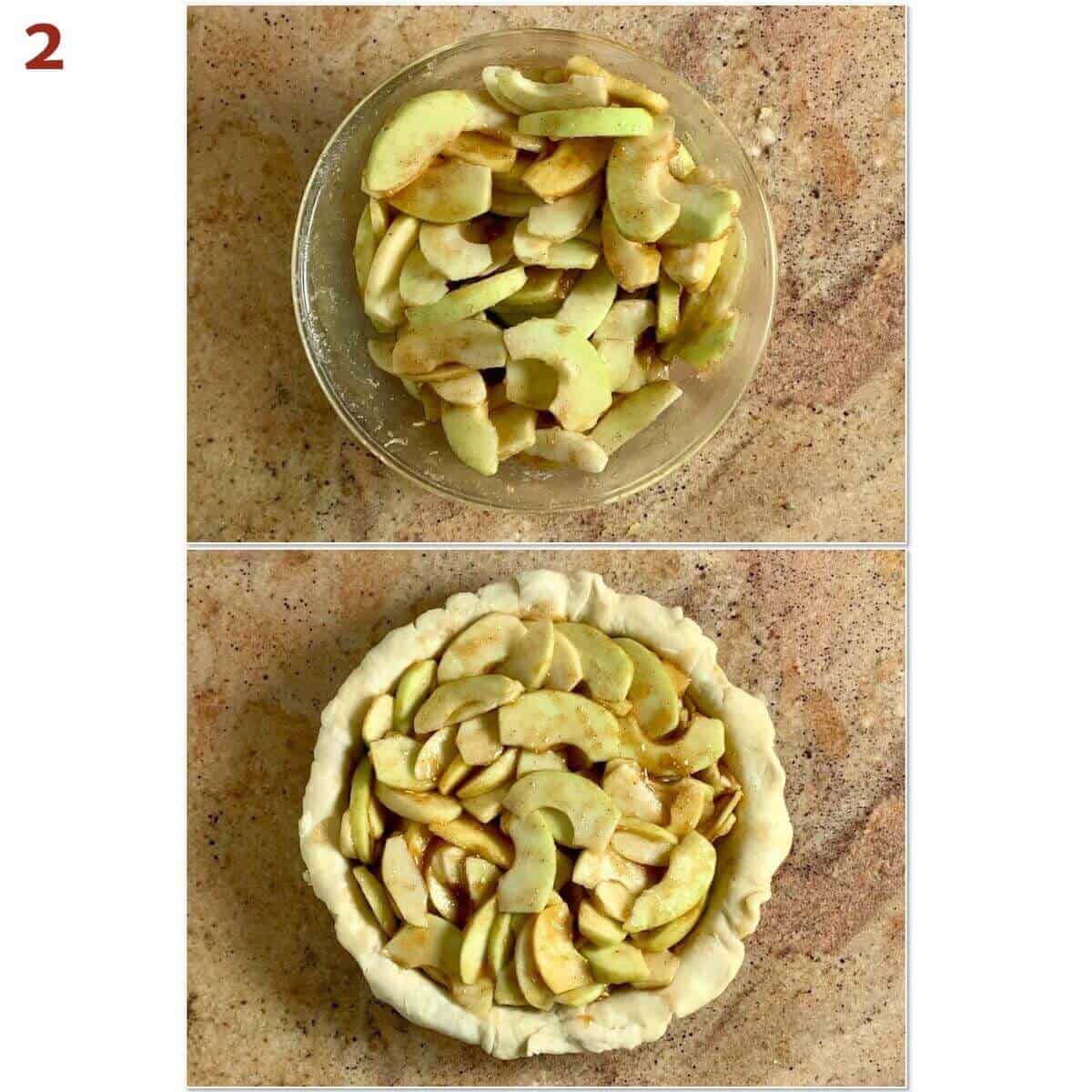 Collage of spiced apple slices in a glass bowl and in an unbaked pie shell.