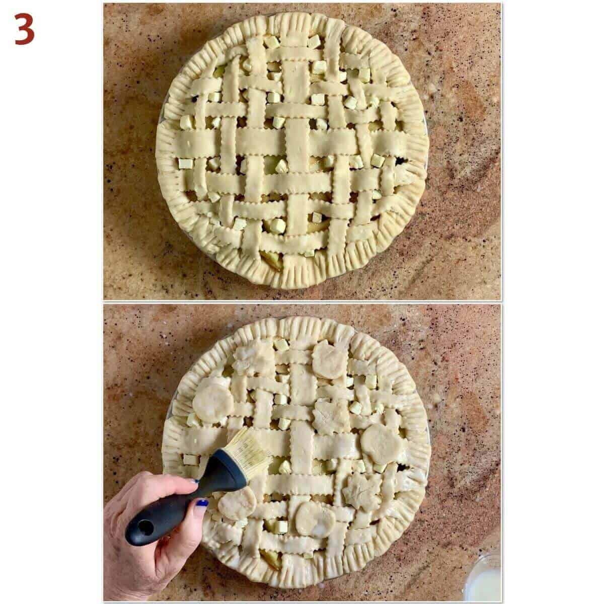 Collage of finished lattice pie and glazing crust with milk before baking.