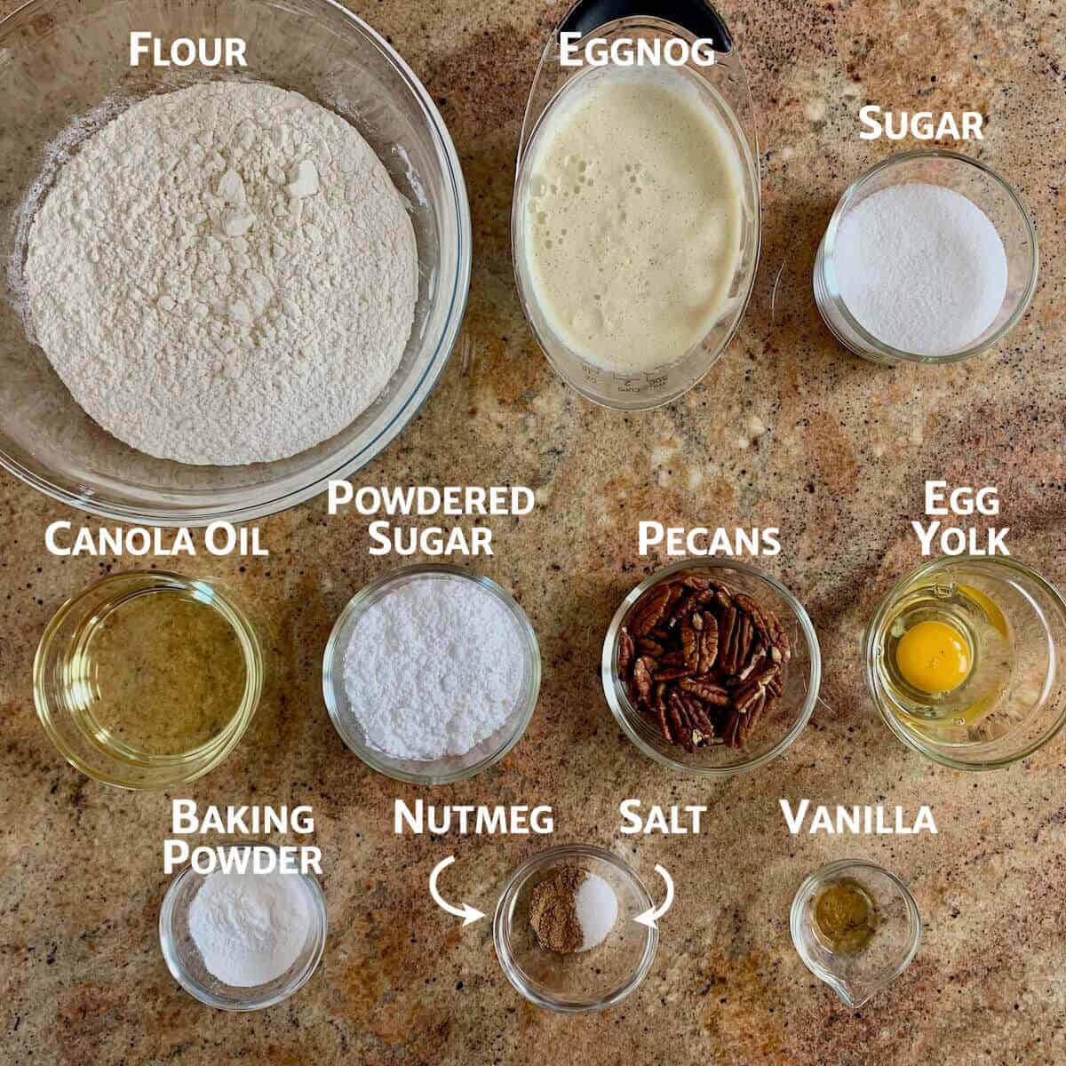 Eggnog Bread ingredients portioned into glass bowls.