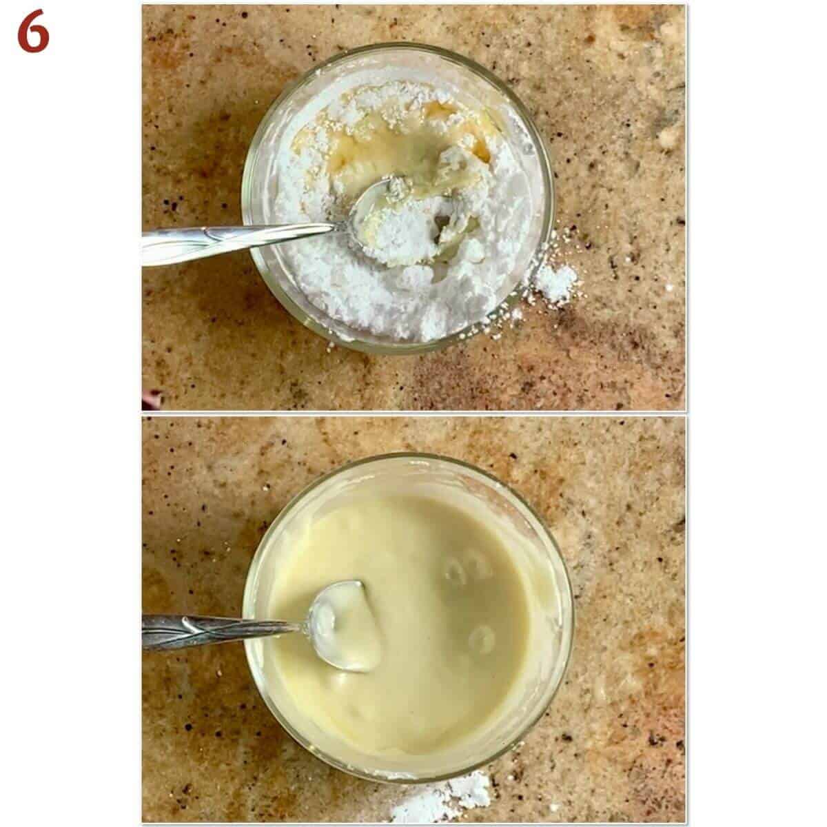 Collage of mixing eggnog & vanilla into powdered sugar to make a glaze.