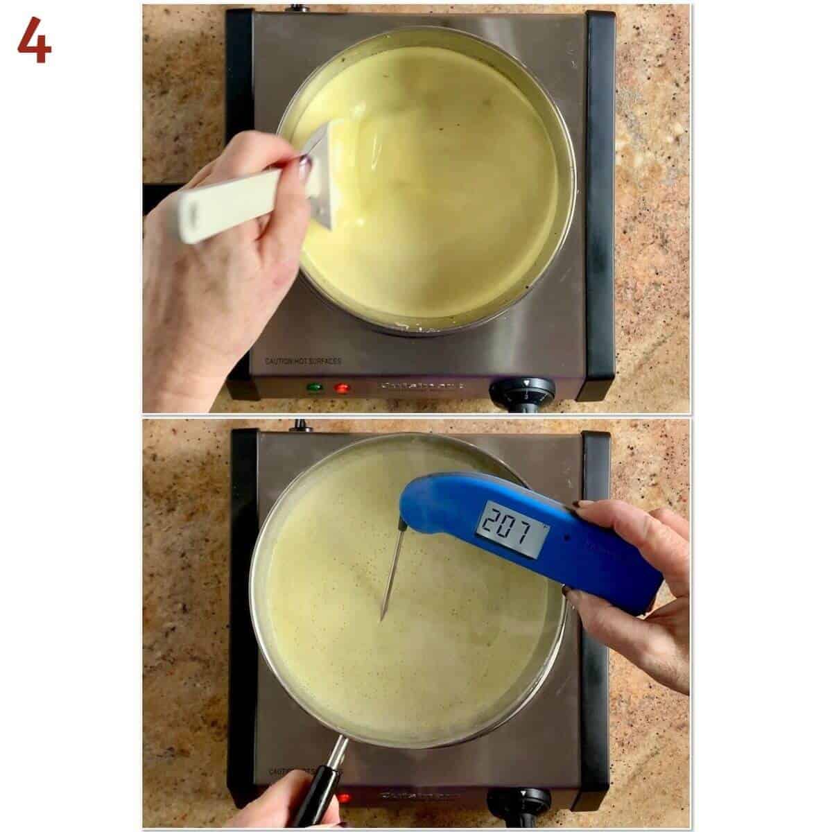 Collage of cooking custard base and checking its temperature.