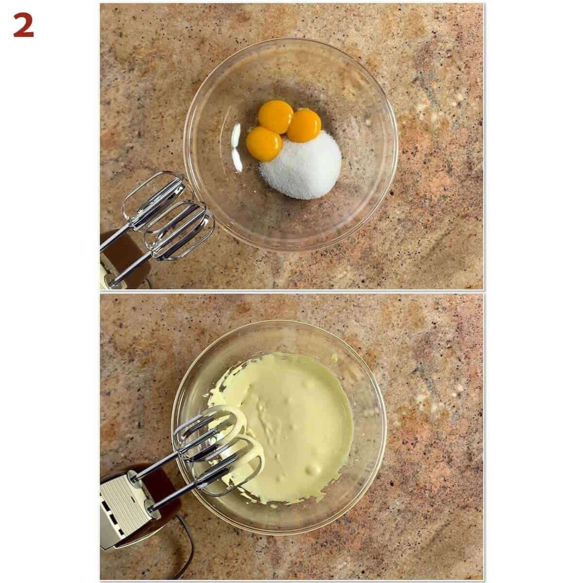 Collage of beating egg yolks and sugar in a glass bowl.