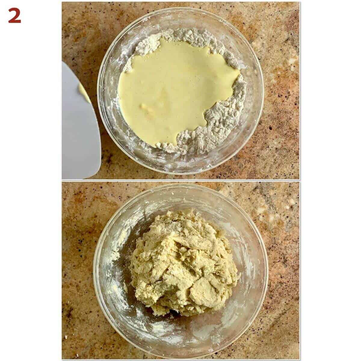 Collage of pouring eggnog mixture into flour mixture to form scone dough.