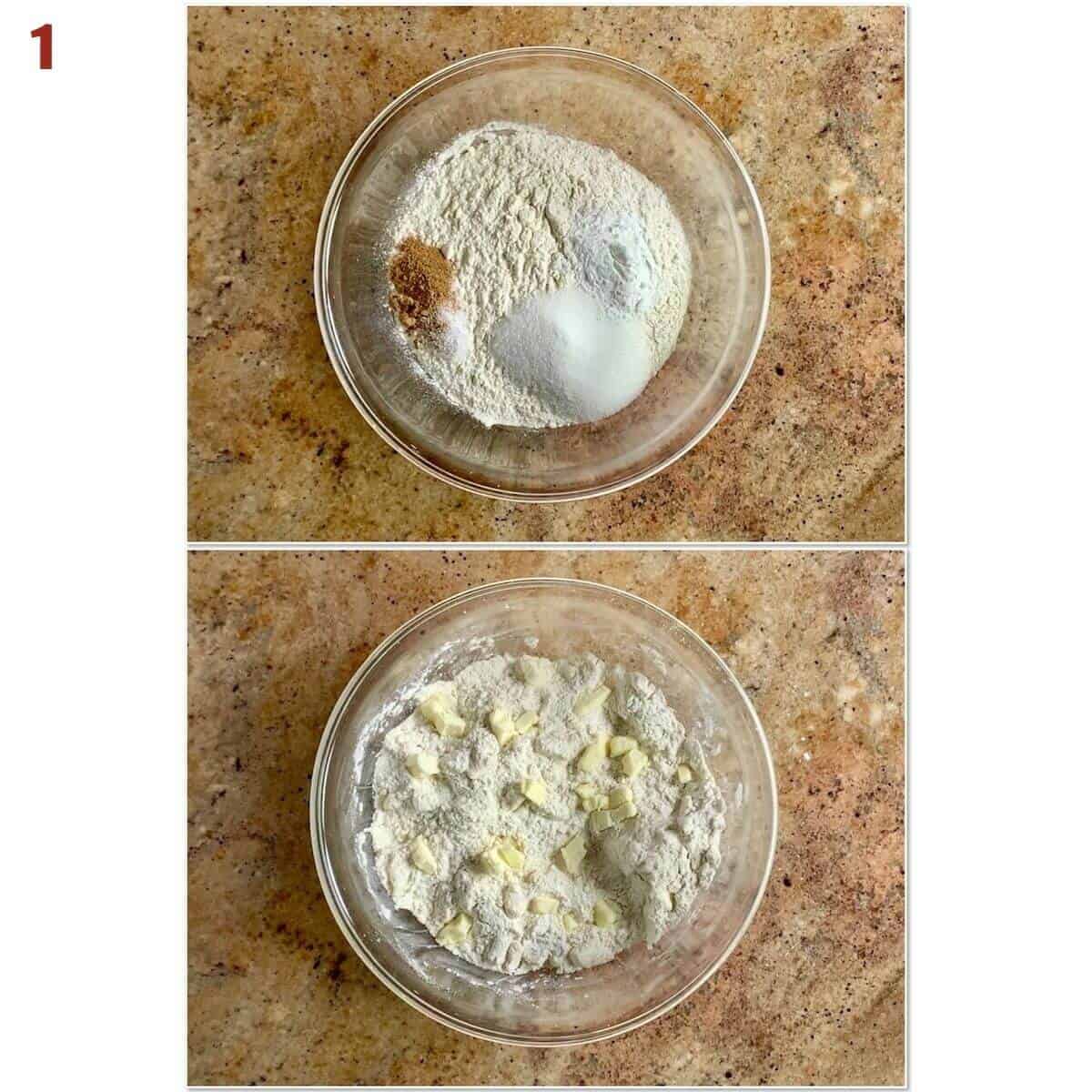 Collage of mixing flour, sugar, spices, & nutmeg in a bowl, then adding butter.