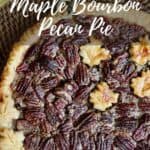 Pecan Pie on a wooden tray with gourds from overhead Pinterest banner