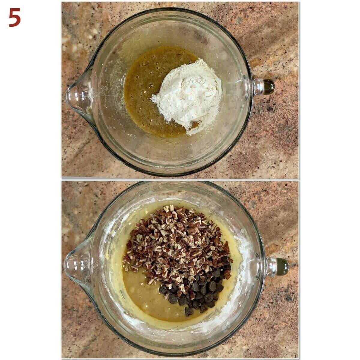 Collage of adding flour, chocolate chips, and pecans to pecan bar filling in glass bowls.