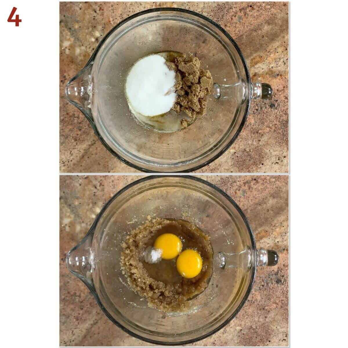 Collage of mixing sugar, brown butter, salt, eggs, bourbon, and vanilla to make pecan bar filling.