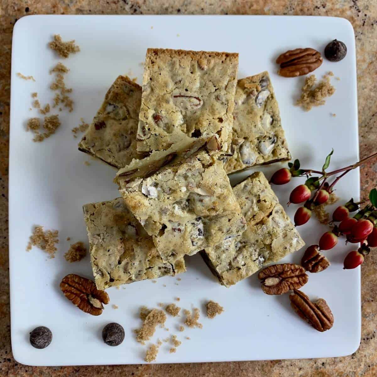 Pecan bars stacked on a white plate surrounded by pecans, brown sugar, and red berries from overhead.