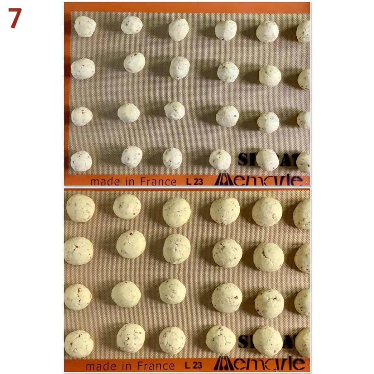 Collage of pecan snowball dough on a baking pan before and after baking.