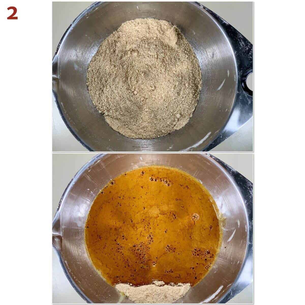 Collage of adding molasses mixture to flour mixture in a metal bowl.