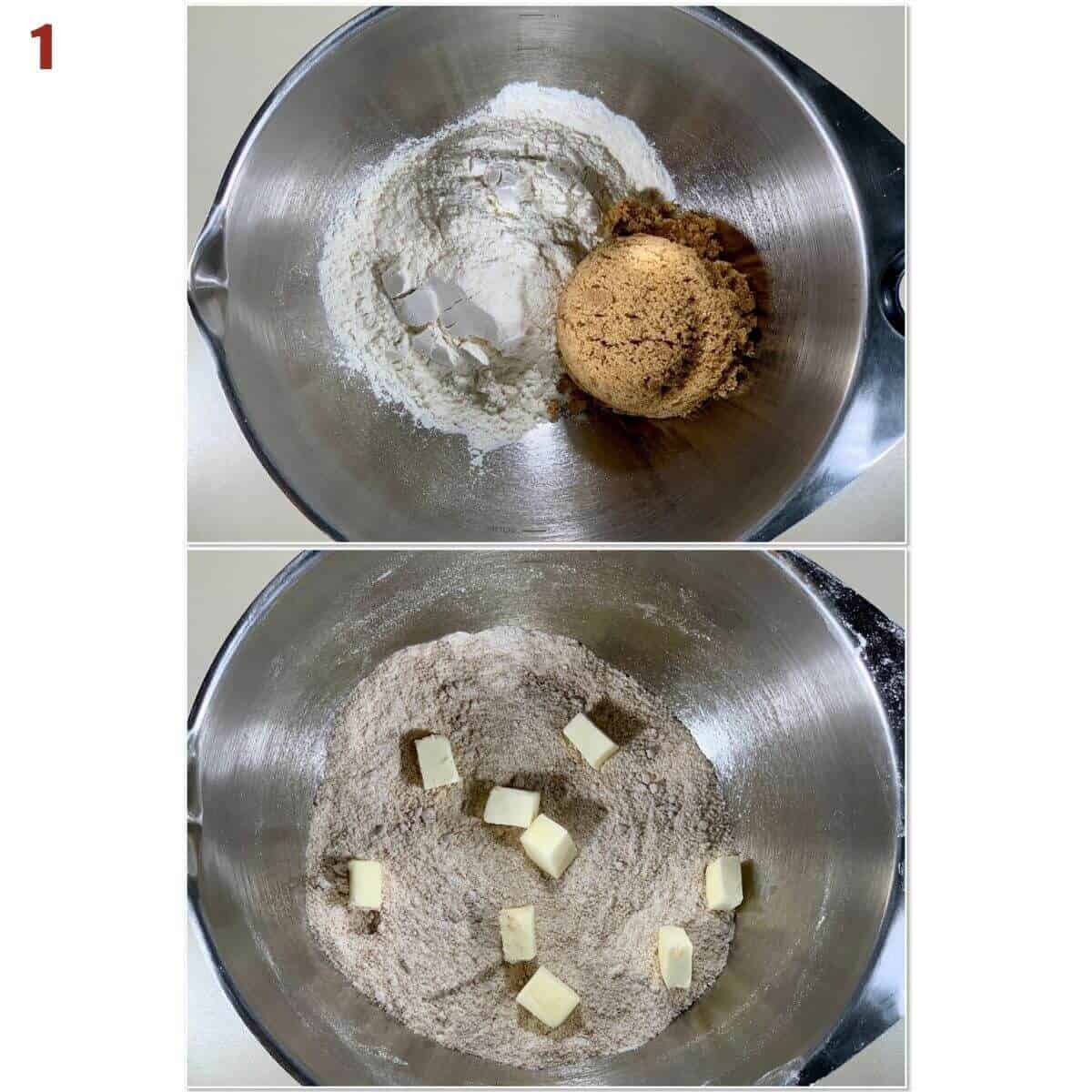 Collage of mixing flour & brown sugar in a metal mixing bowl, then adding butter.