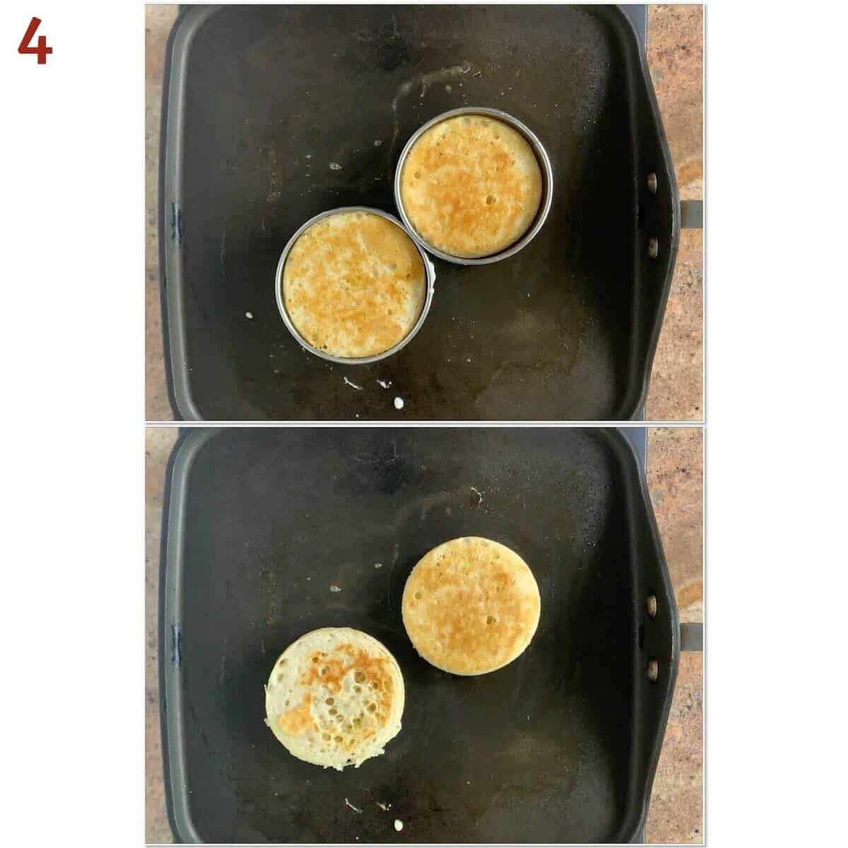 Collage of two crumpets cooking on a griddle after flipping and done.