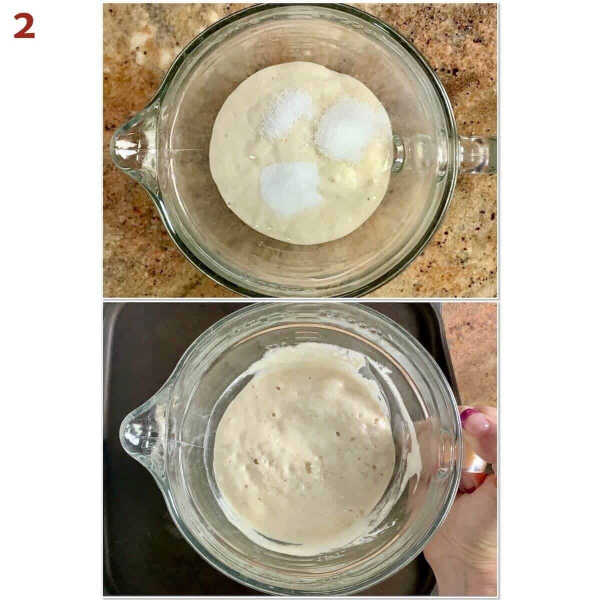 Collage of making batter and bubbling after a few minutes.