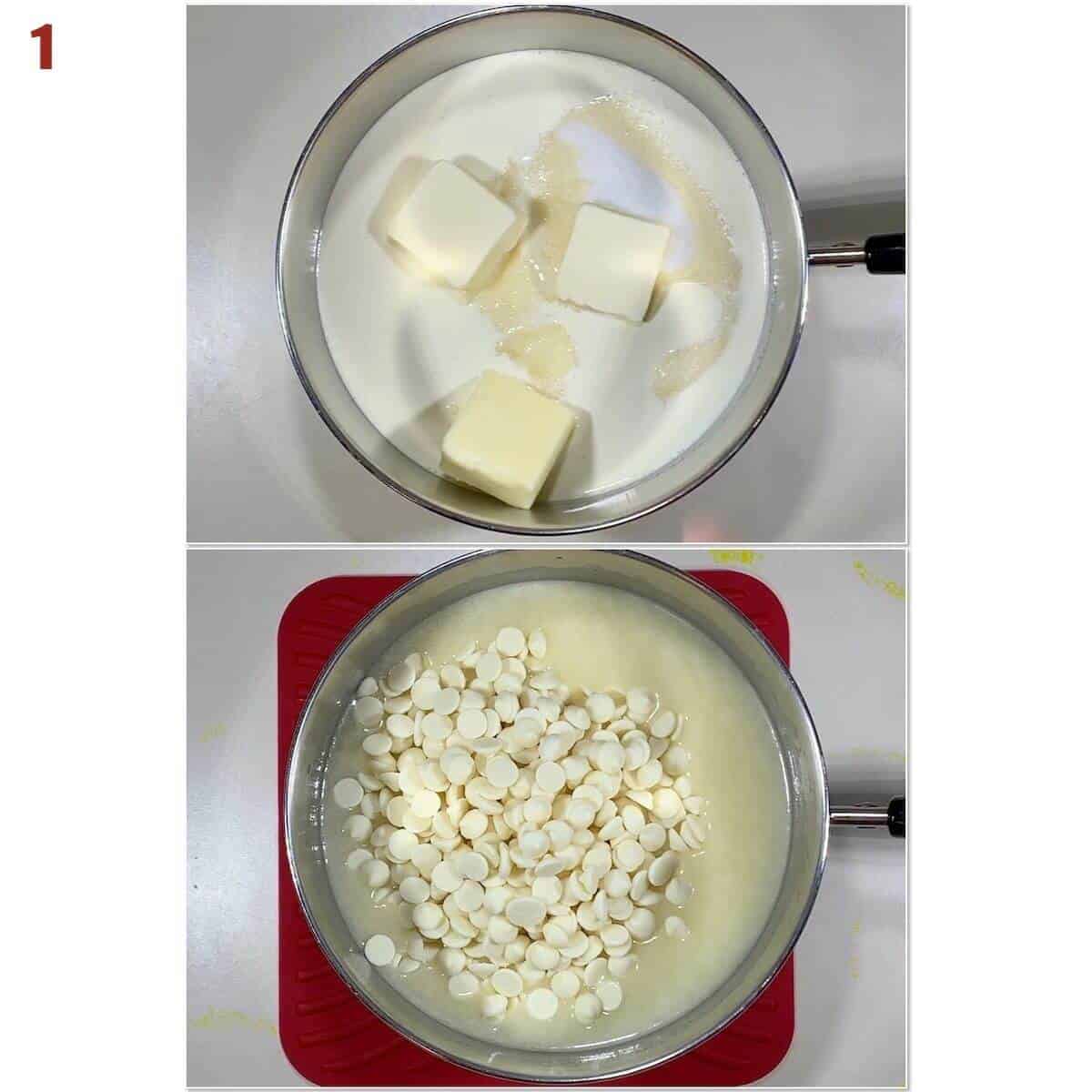 Collage of melting butter with cream & sugar and melting white chocolate chips.