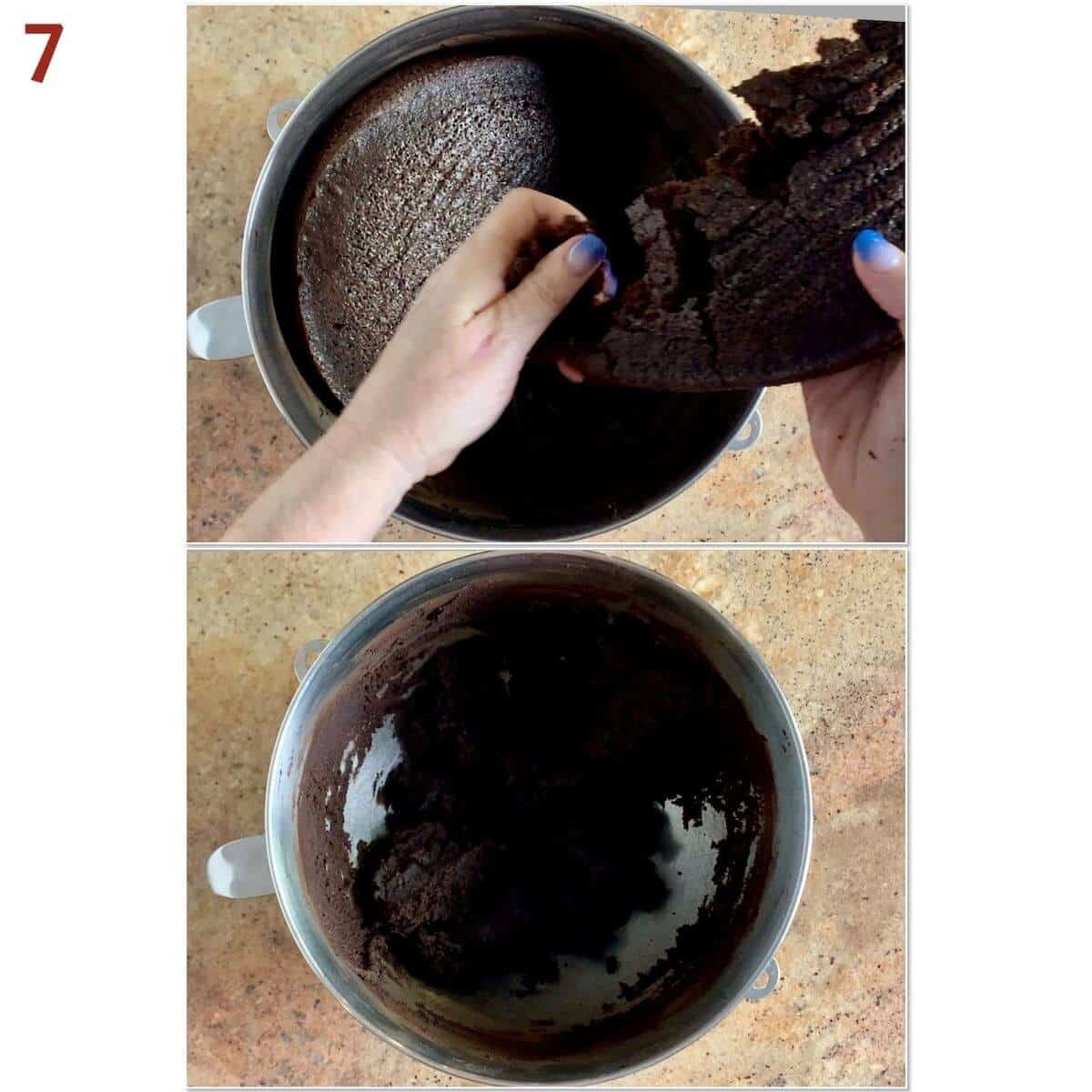 Collage of crumbling chocolate cake into chocolate frosting and mixing them.