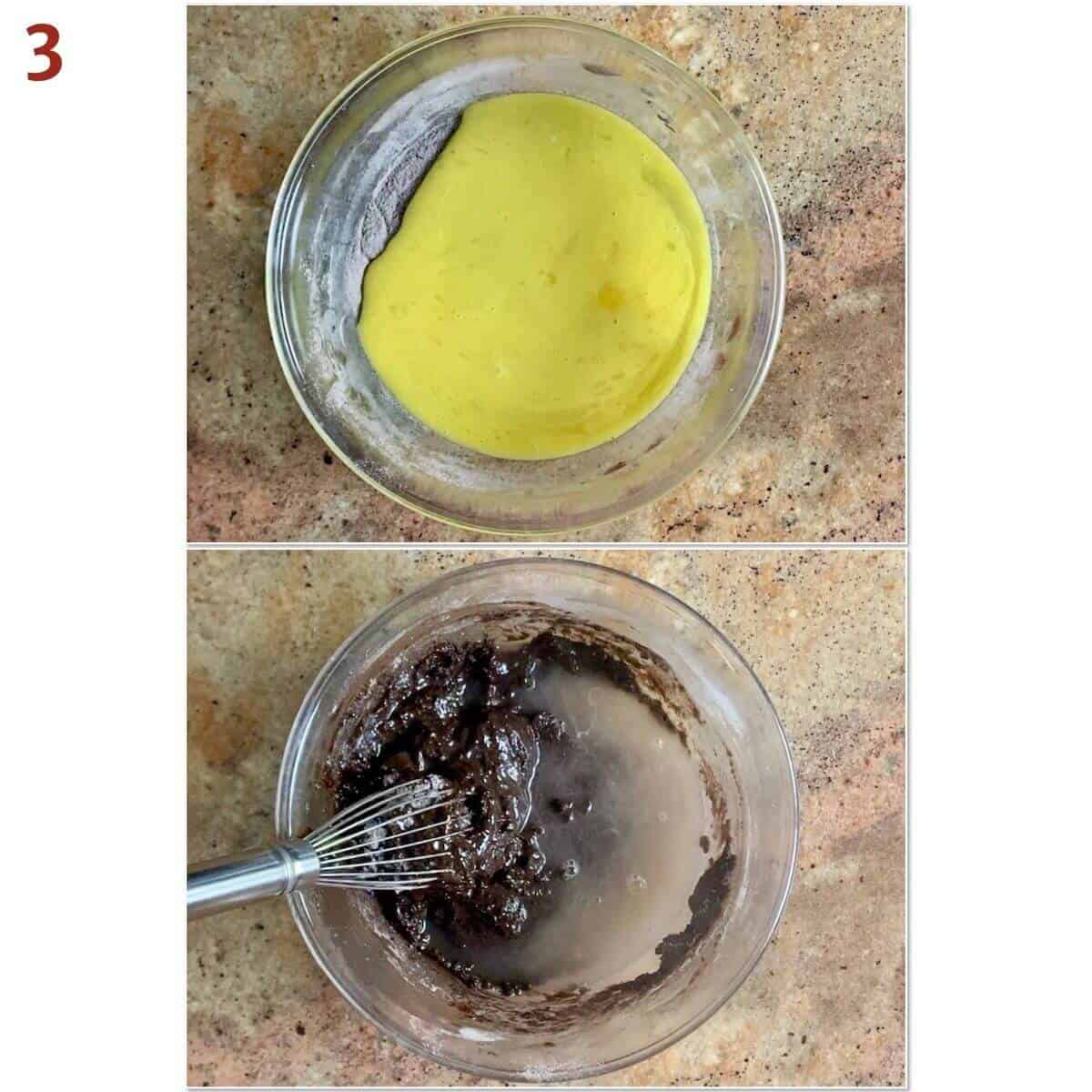 Collage of adding wet ingredients to chocolate cake batter.