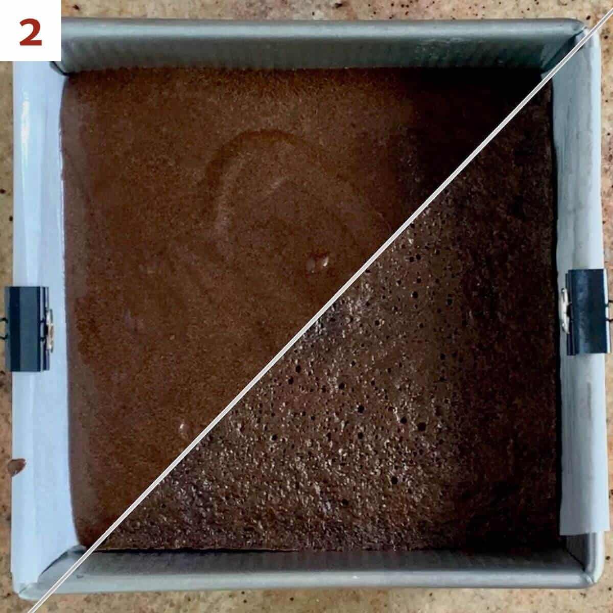 Collage of before & after baking brownie.
