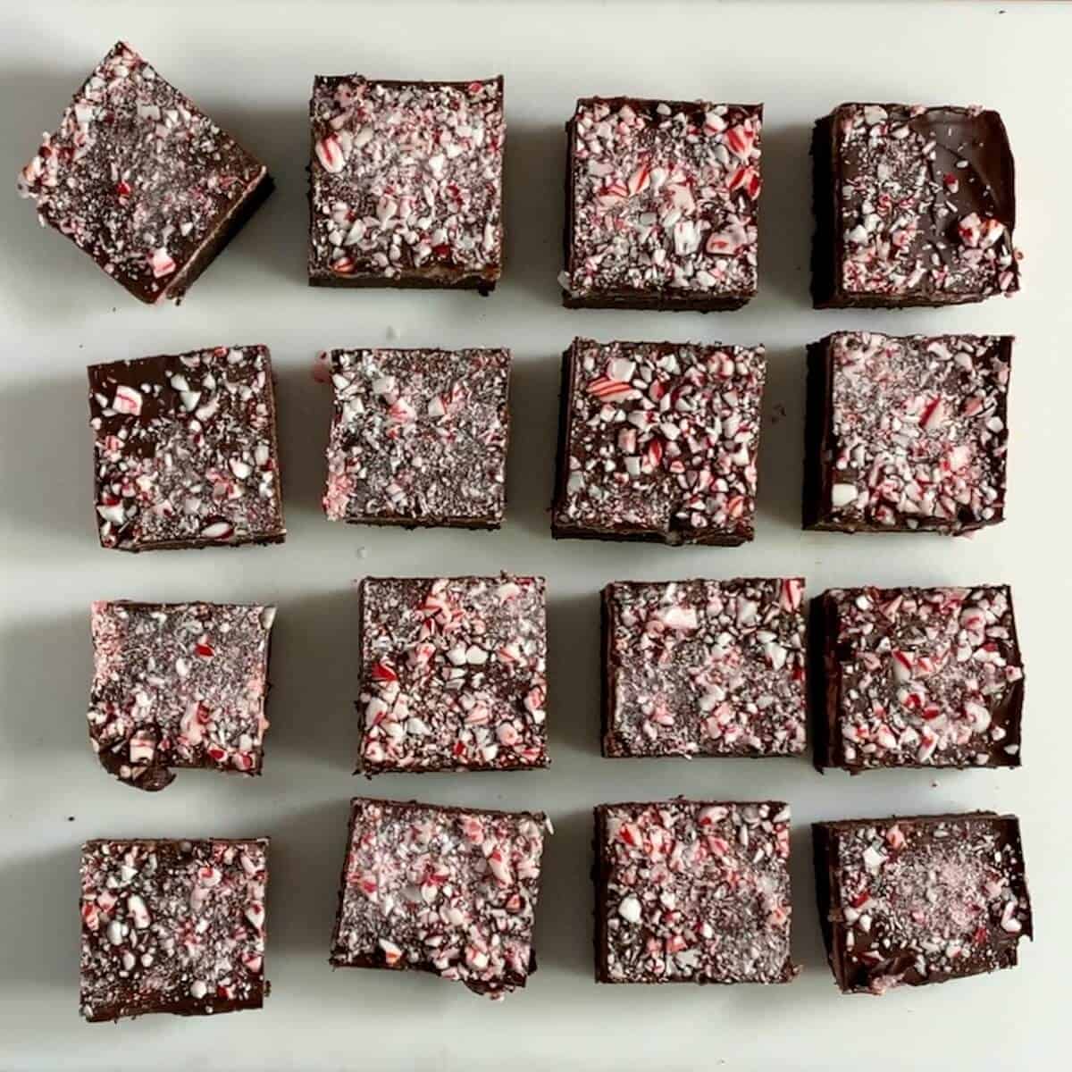 Double Chocolate Mint Brownie on a cutting board board from overhead.