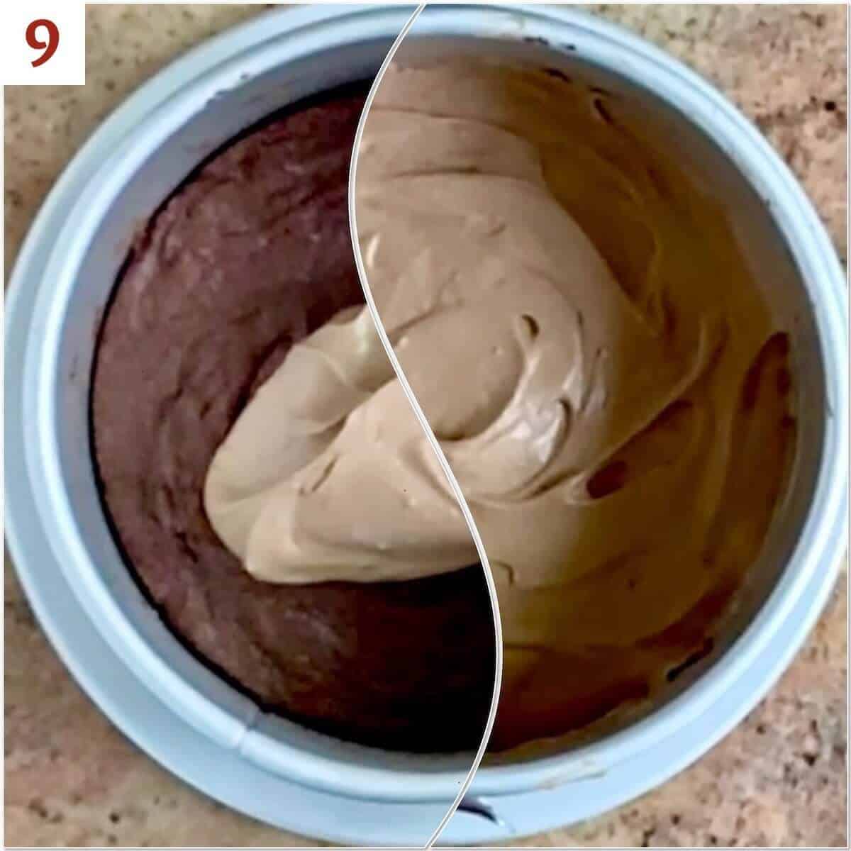 Collage of before and after topping brownie cake with chocolate mousse.