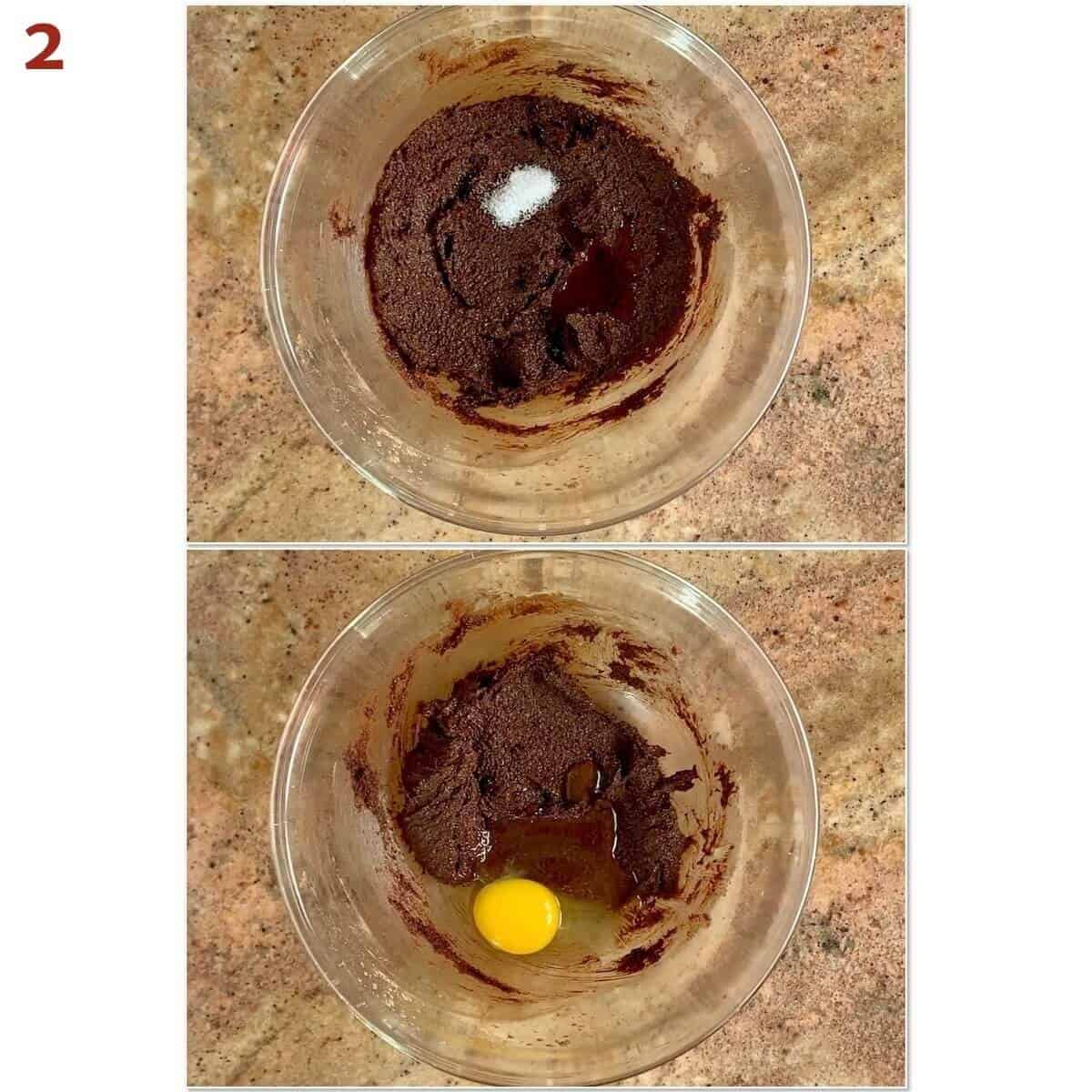 Collage of adding salt, vanilla, and eggs to brownie batter.