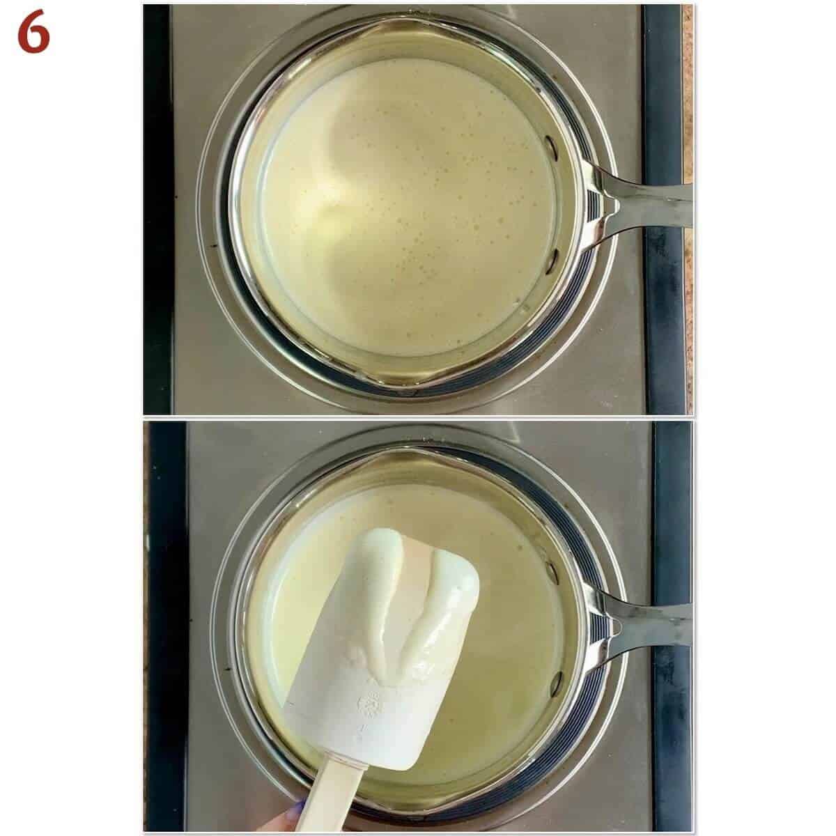 Collage of cooking custard base until thick enough to leave a trail on a spoon.