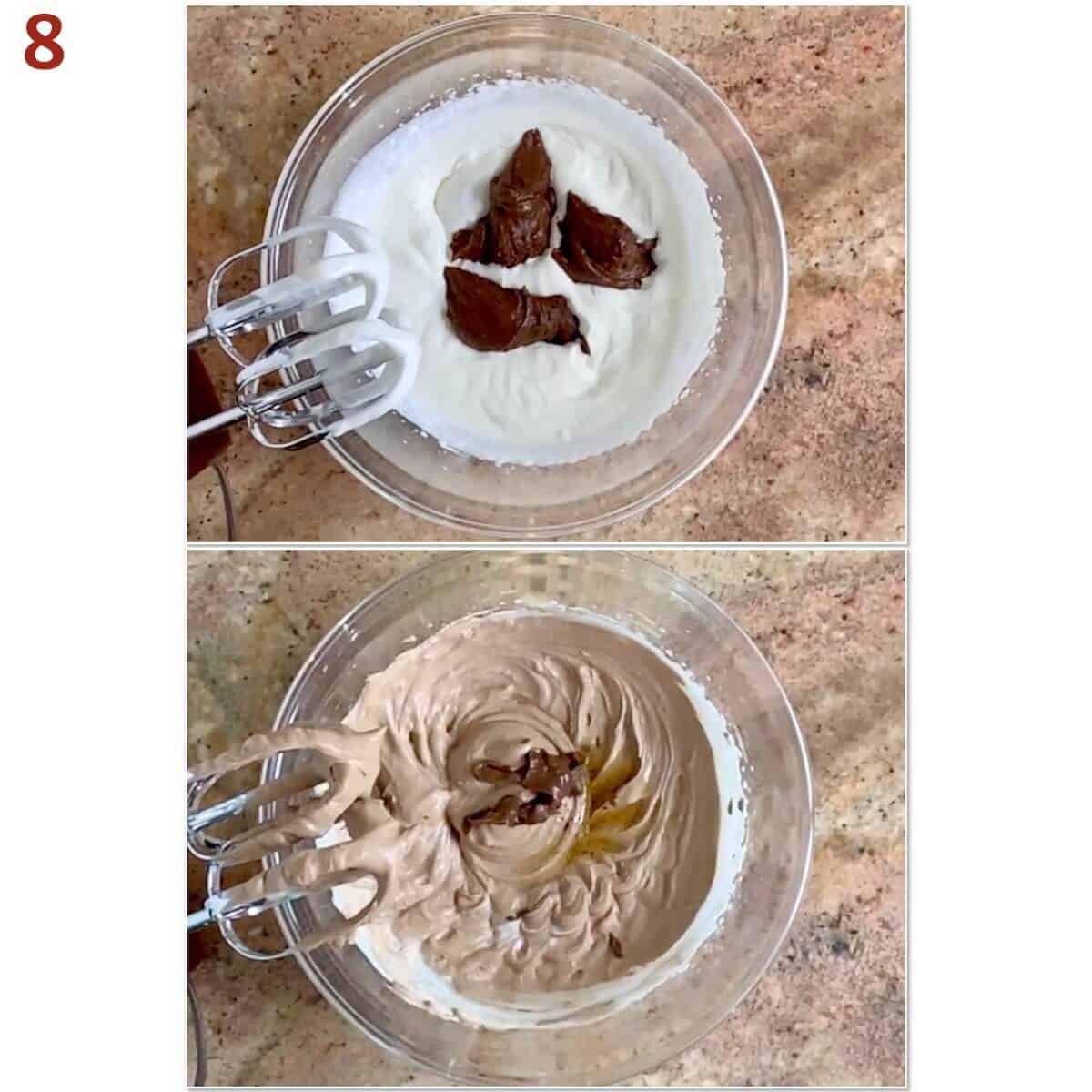 Collage of adding chocolate custard to whipped cream, then adding vanilla.