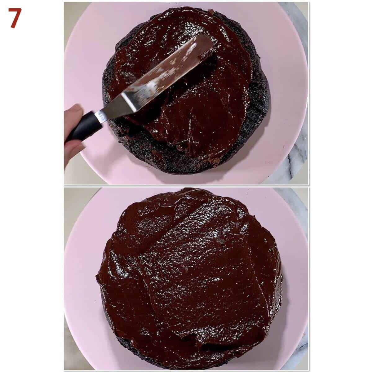 Collage of spreading chocolate ganache on cake layers.