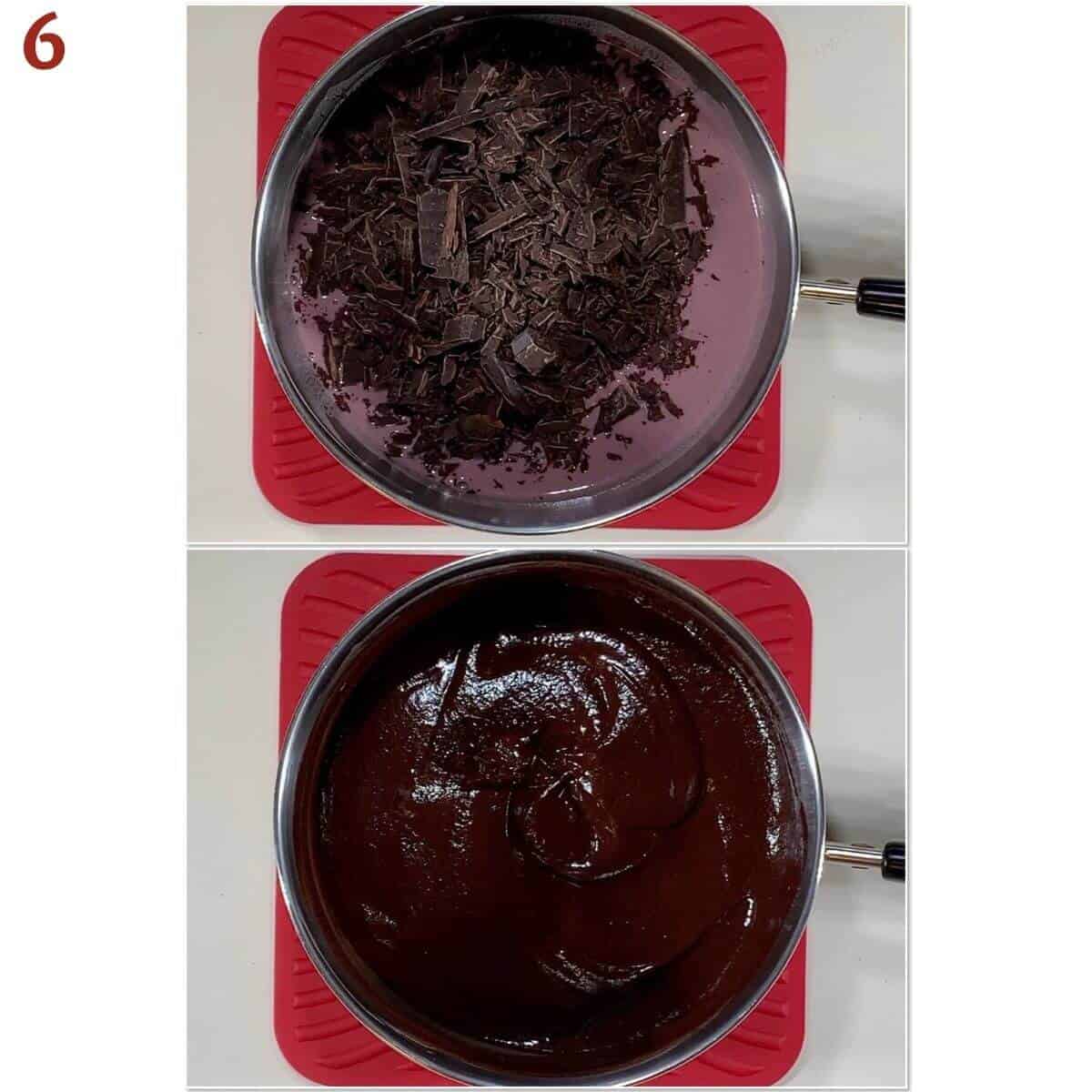 Collage of melting chocolate in wine an cream mixture for ganace.