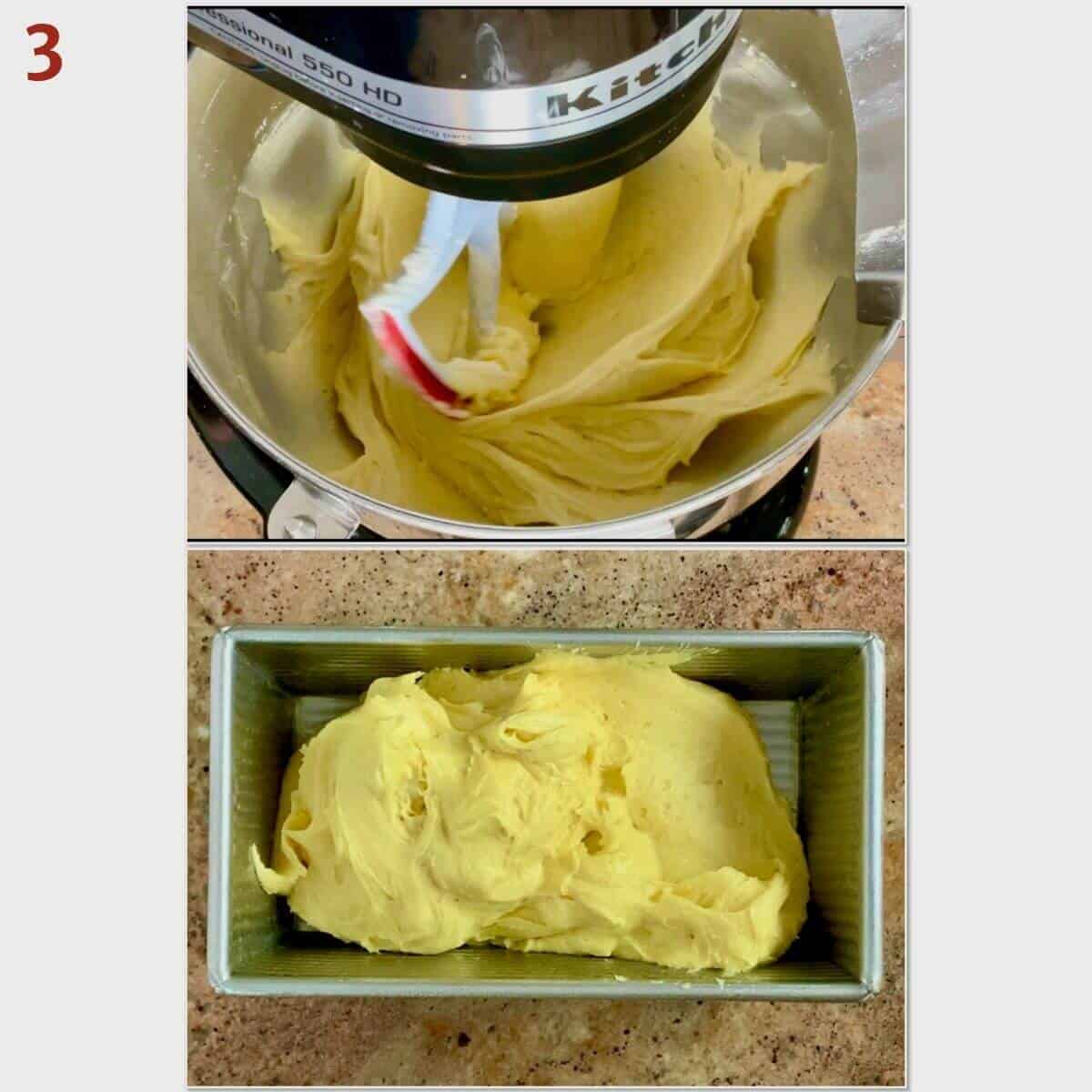 Collage of pound cake batter in a mixing bowl and a loaf pan.