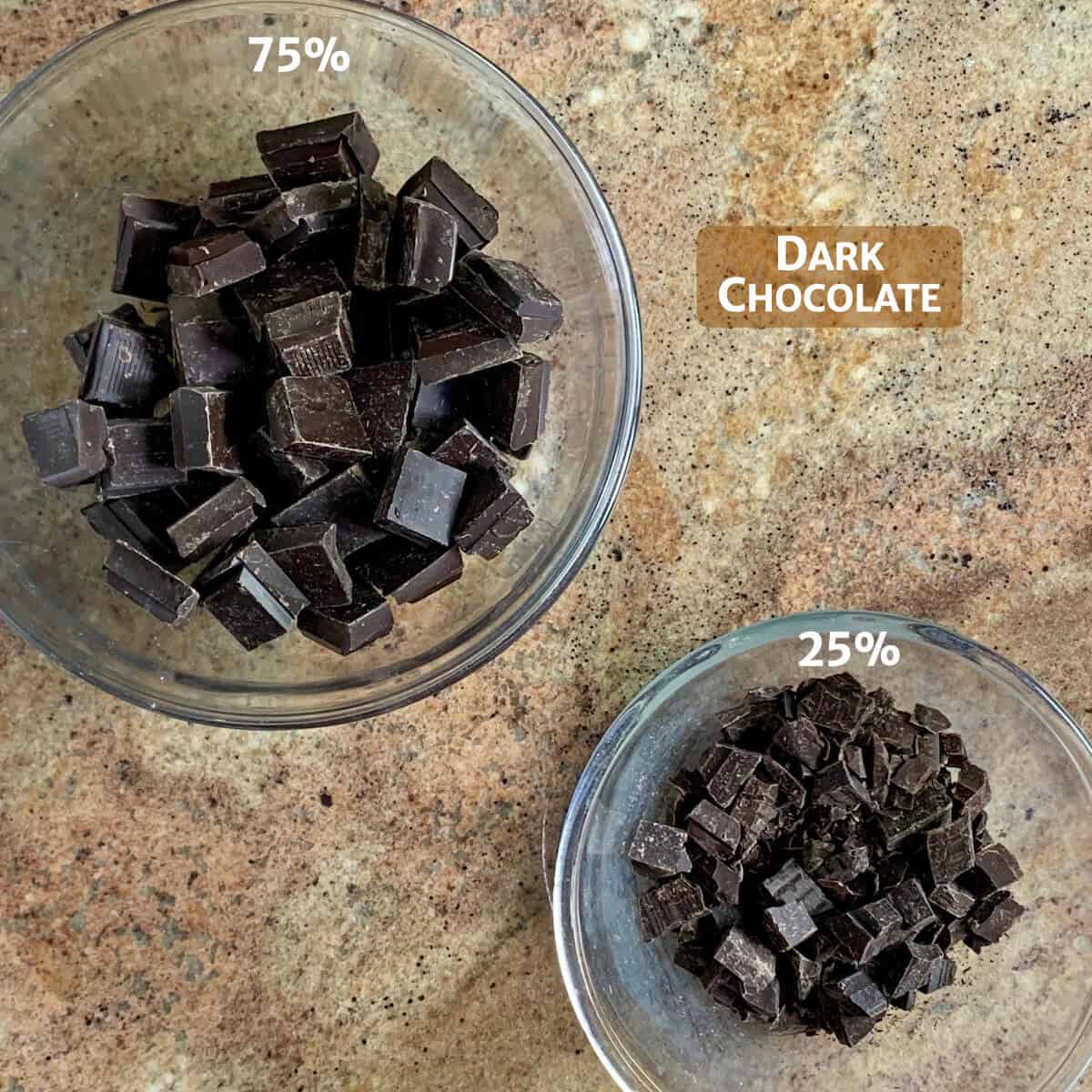 Chopped chocolate separated into 2 glass bowls.