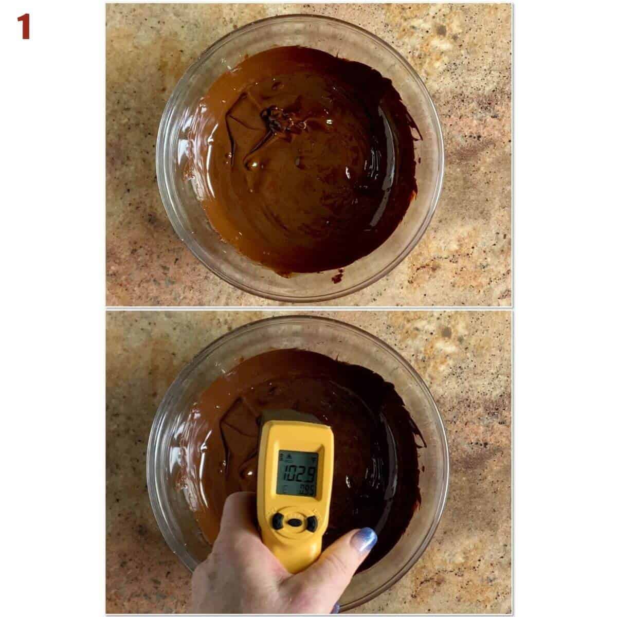 Collage of melted chocolate in glass bowl & checking temperature with infrared temperature gun.