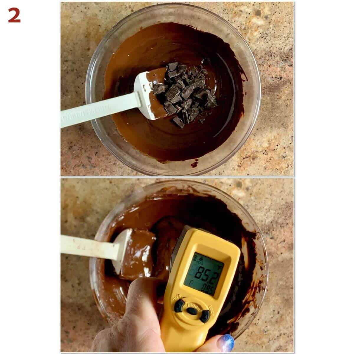 Collage of adding chopped chocolate to melted chocolate in glass bowl & checking temperature with infrared temperature gun.