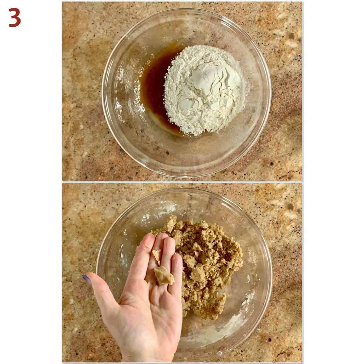 Collage of adding flour to crumb topping batter & displaying texture.