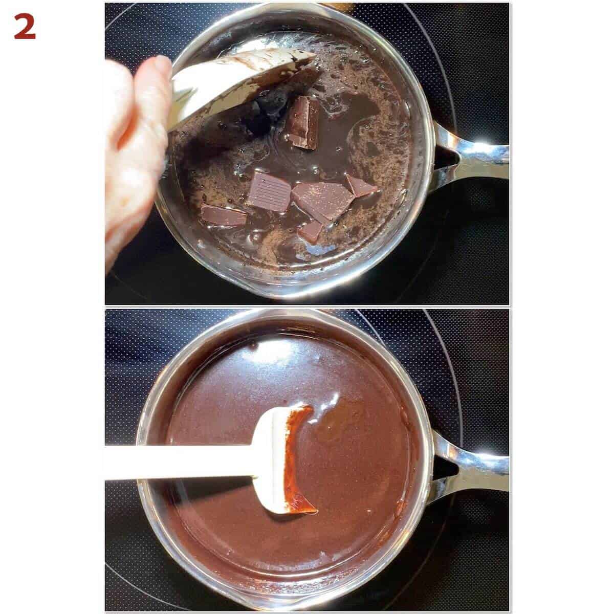 Collage of adding chocolate and vanilla to cocoa mixture.