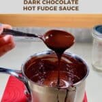 Dripping hot fudge sauce from spoon to saucepan Pinterest banner.