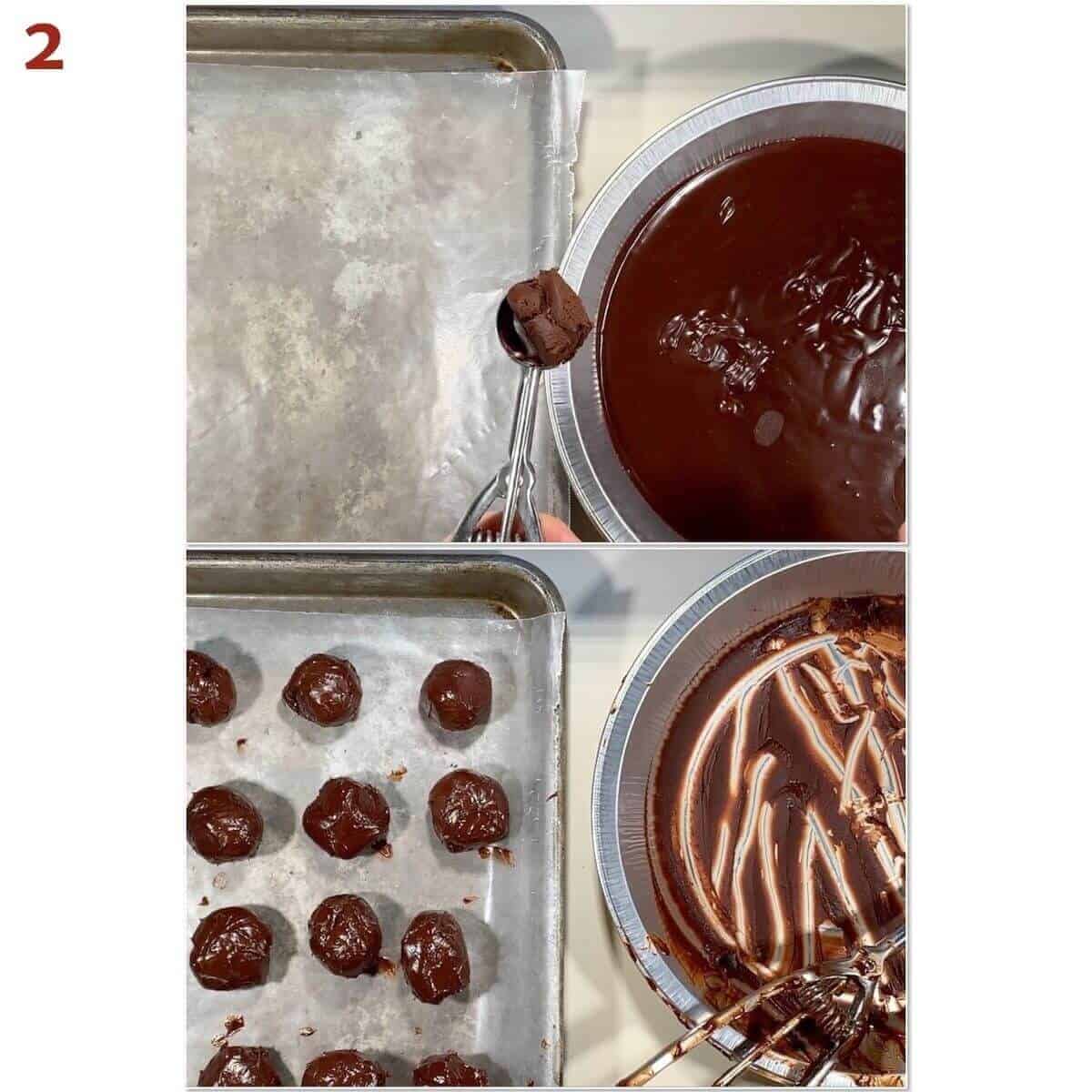 Collage of portioned hardened ganache to make truffles.