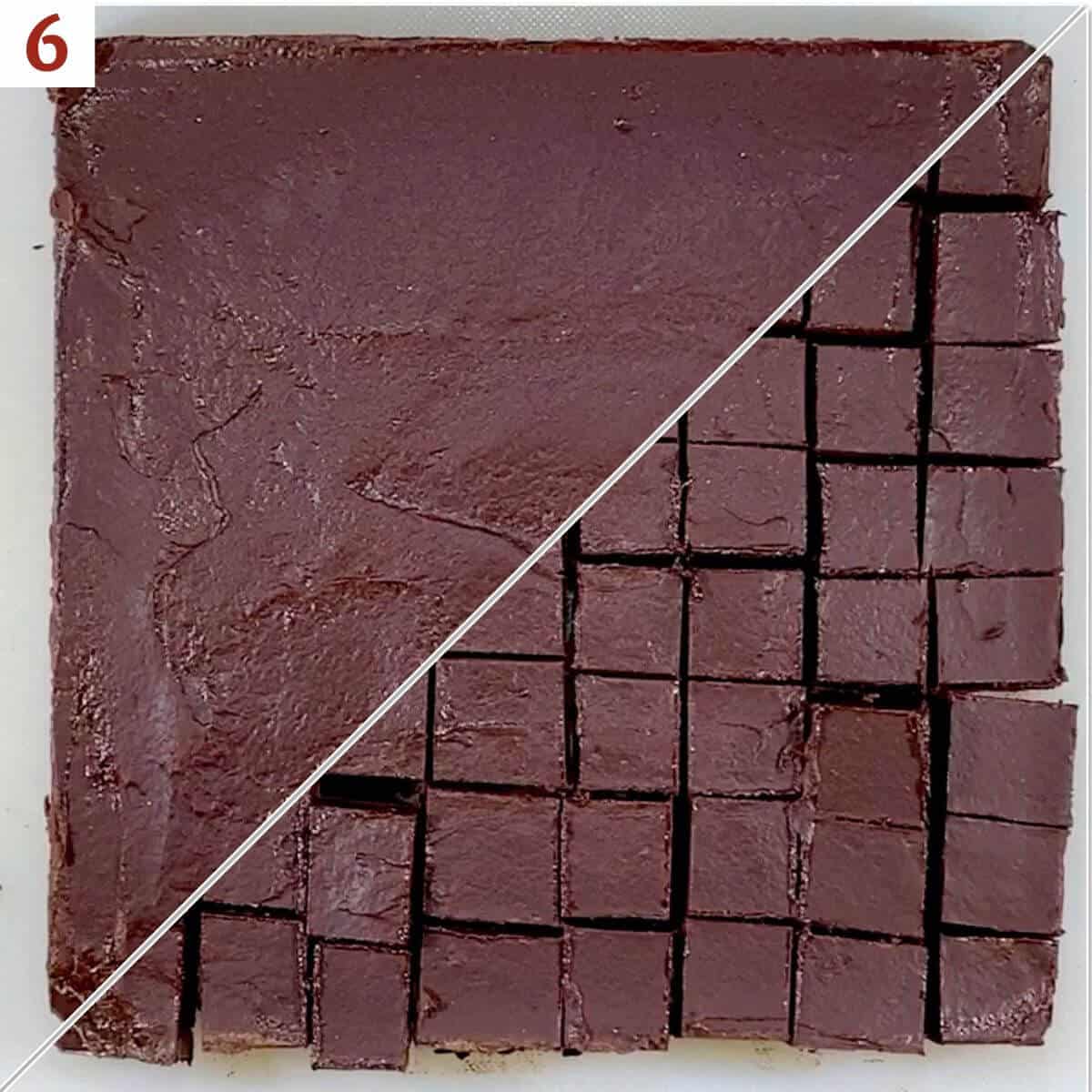 Collage of cutting slab of fudge into squares.