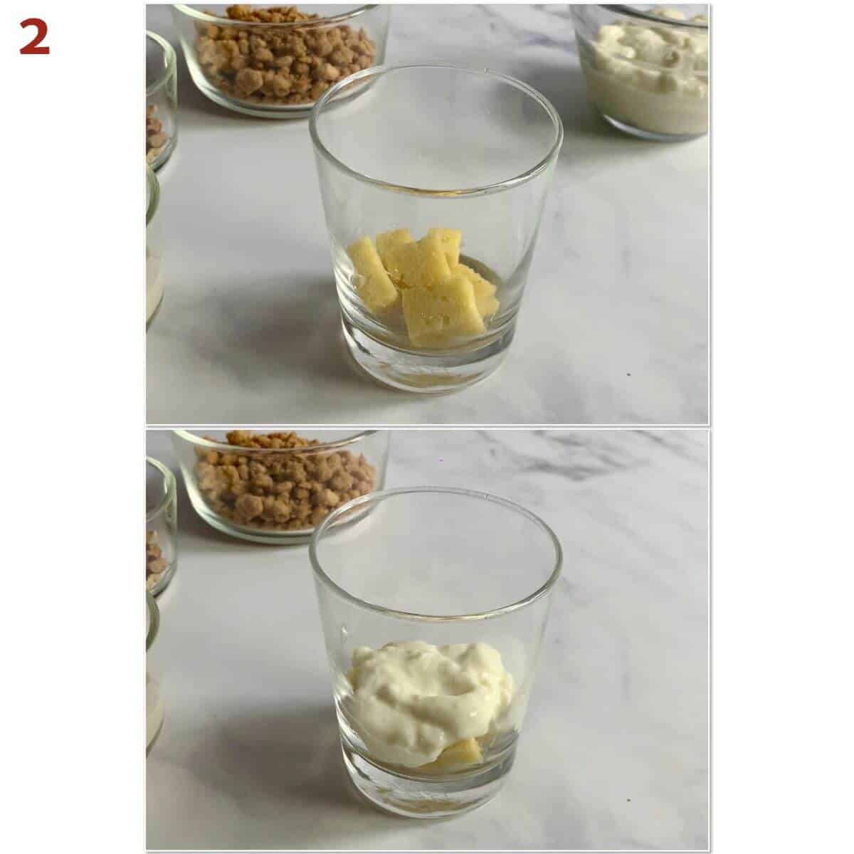 Collage of layering pound cake cubes and vanilla pudding in a glass for trifle.