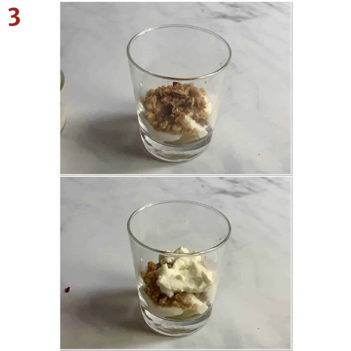 Collage of layering cinnamon streusel crumbs, pecans, and whipped cream in a glass for trifle.