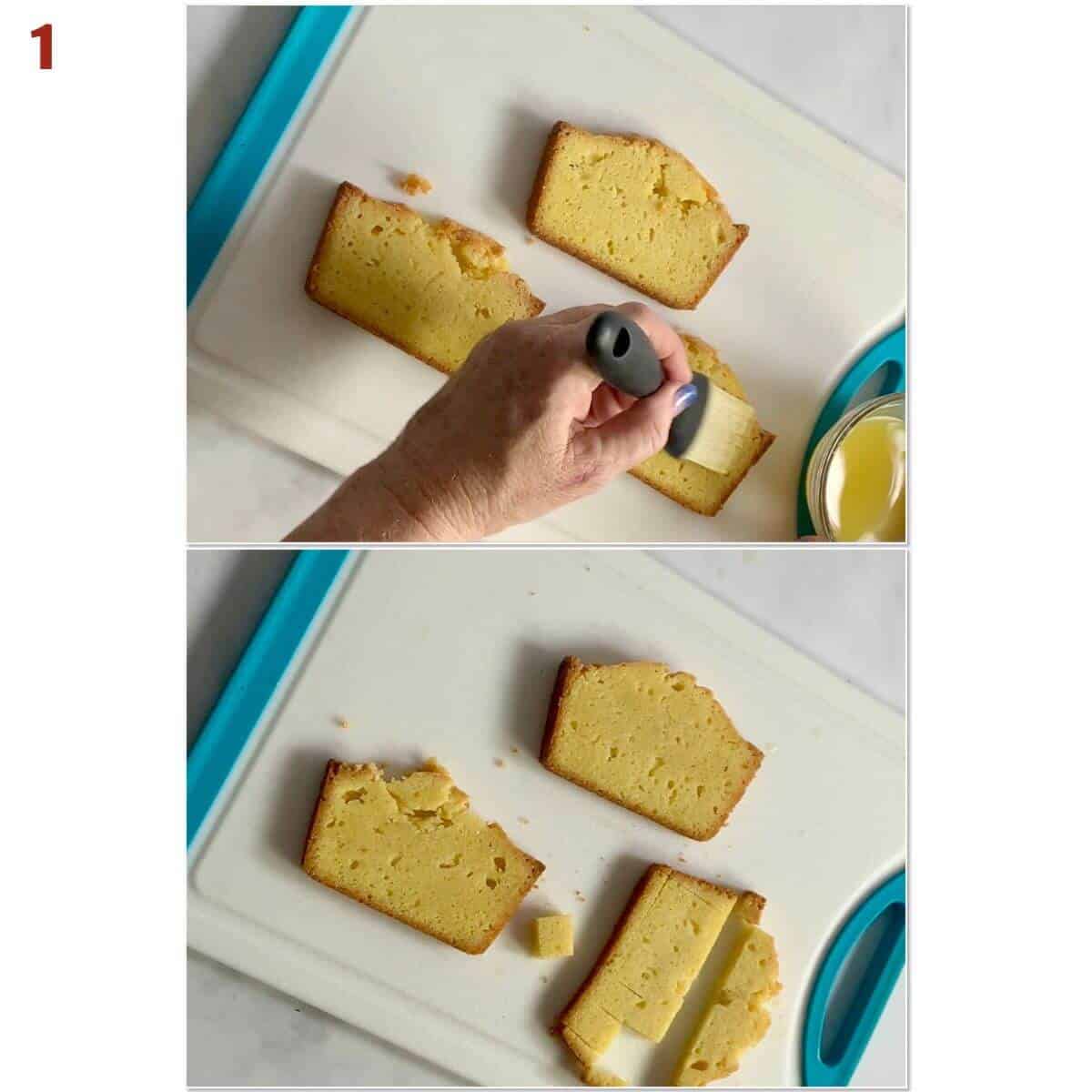 Collage of brushing orange juice on slices of pound cake and cutting into cubes.