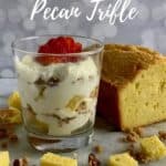 A serving of Orange Cinnamon Trifle with pound cake and strawberries Pinterest banner.