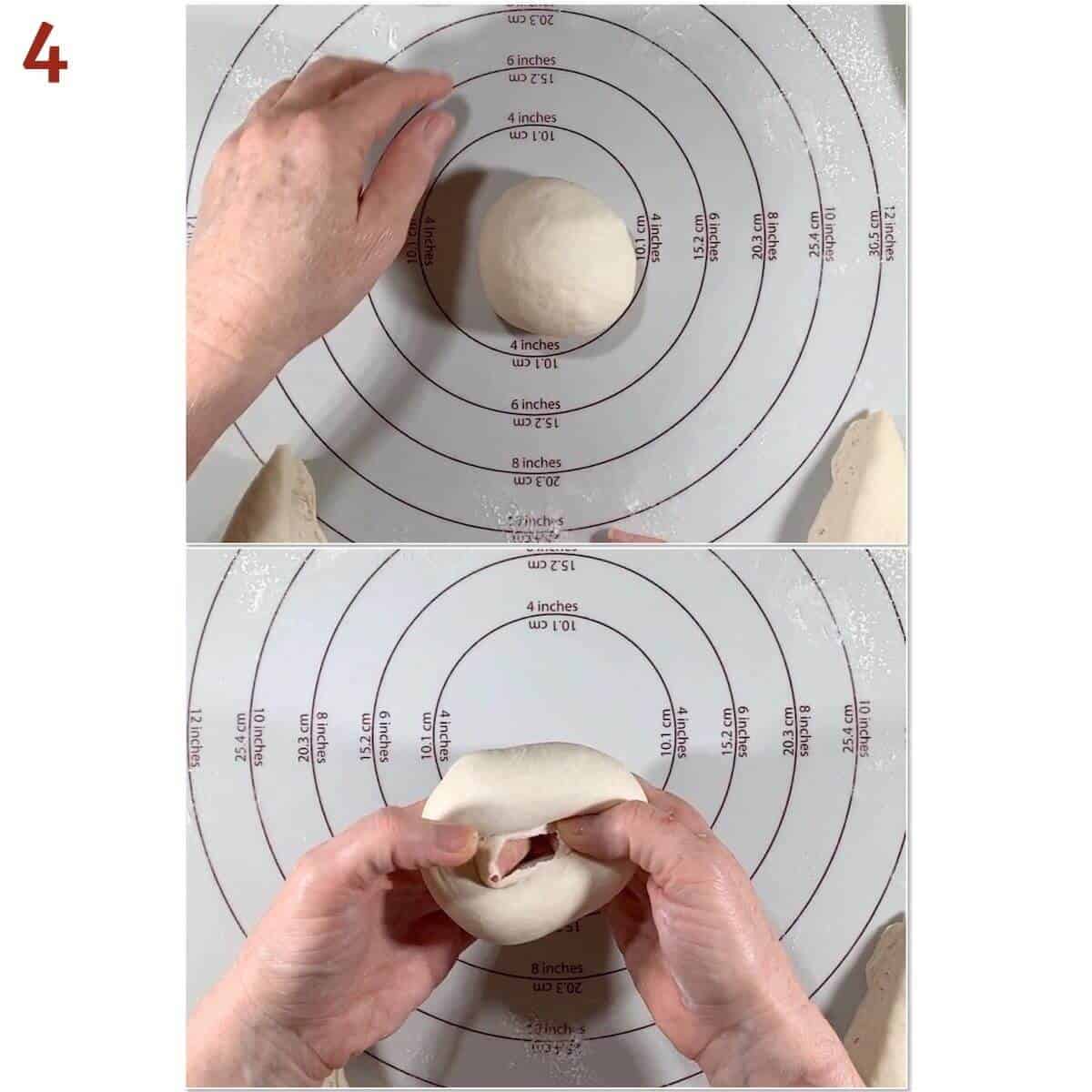 Collage of shaping dough into bagels.